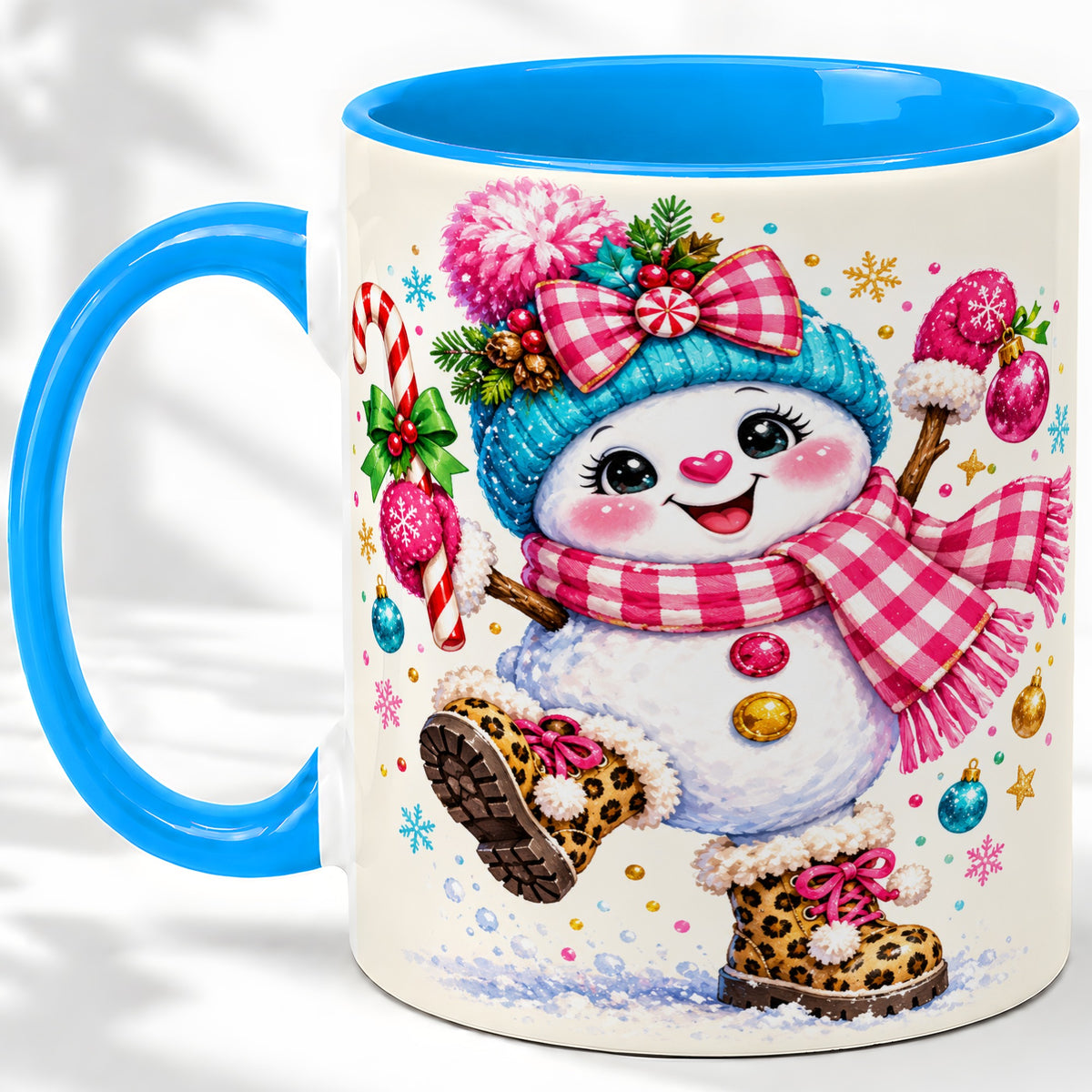 #pl[11oz|Blue] Playful Snowman Ceramic Mug, Pink Plaid Christmas Character Art