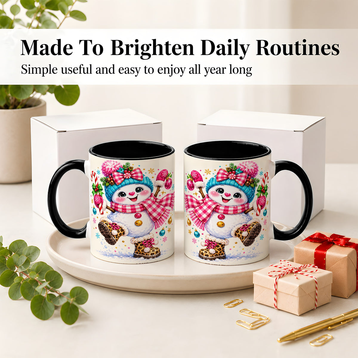 #pl[11oz|Black] Playful Snowman Ceramic Mug, Pink Plaid Christmas Character Art