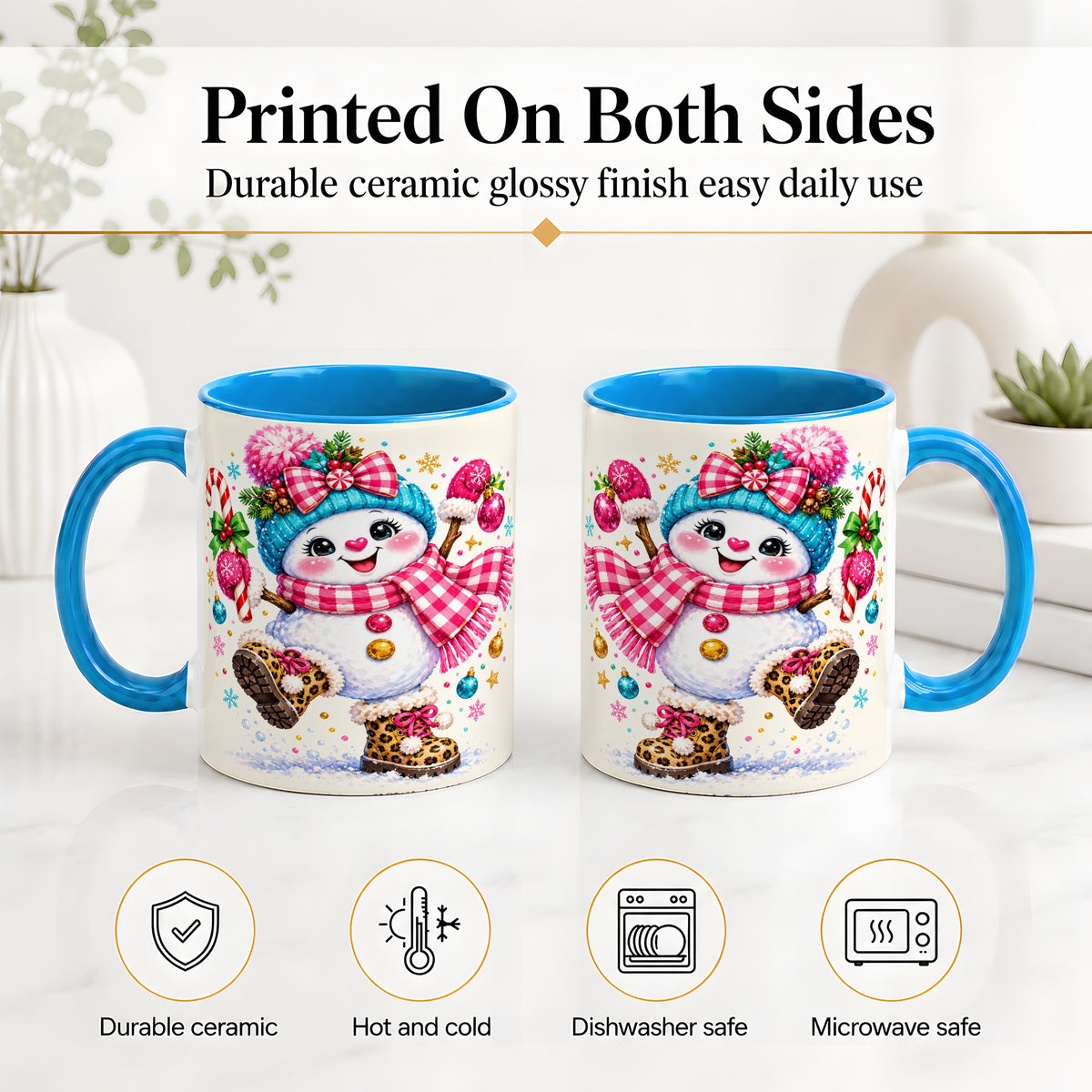 #pl[11oz|Blue] Playful Snowman Ceramic Mug, Pink Plaid Christmas Character Art