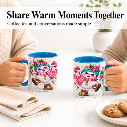 #pl[11oz|Blue] Playful Snowman Ceramic Mug, Pink Plaid Christmas Character Art