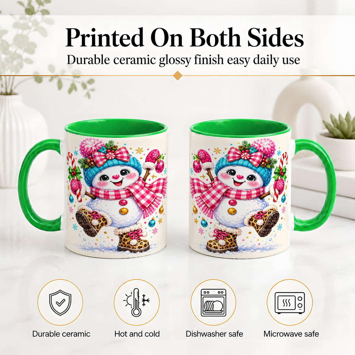 #pl[11oz|Green] Playful Snowman Ceramic Mug, Pink Plaid Christmas Character Art
