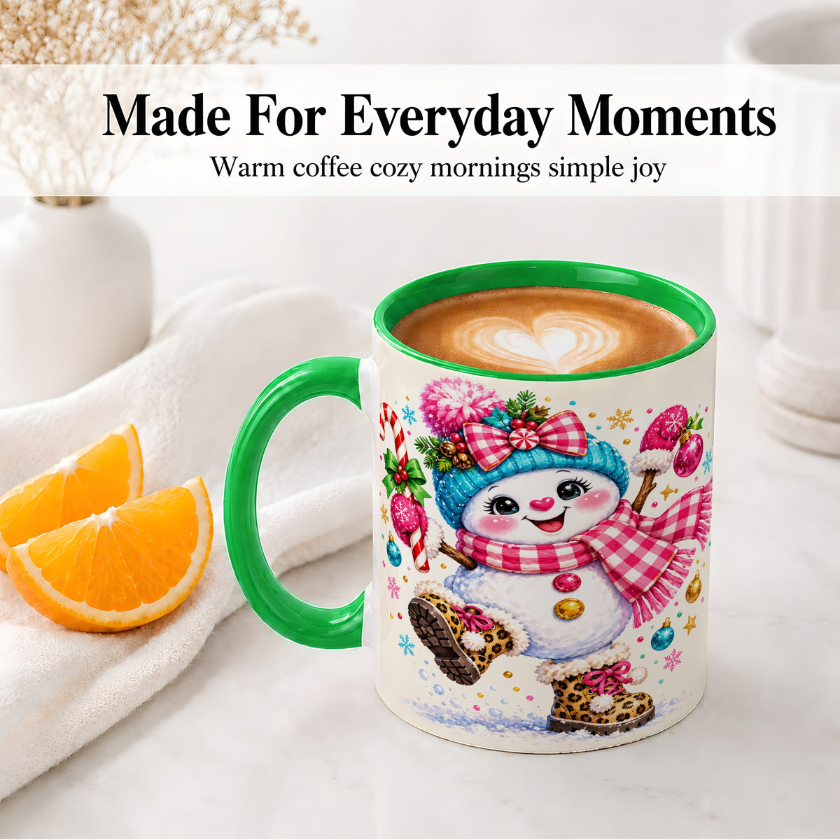 #pl[11oz|Green] Playful Snowman Ceramic Mug, Pink Plaid Christmas Character Art