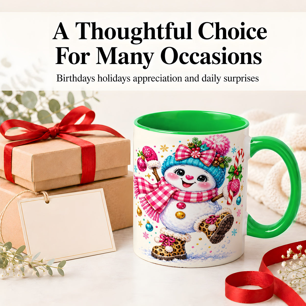 #pl[11oz|Green] Playful Snowman Ceramic Mug, Pink Plaid Christmas Character Art