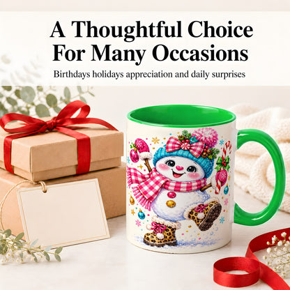 #pl[11oz|Green] Playful Snowman Ceramic Mug, Pink Plaid Christmas Character Art