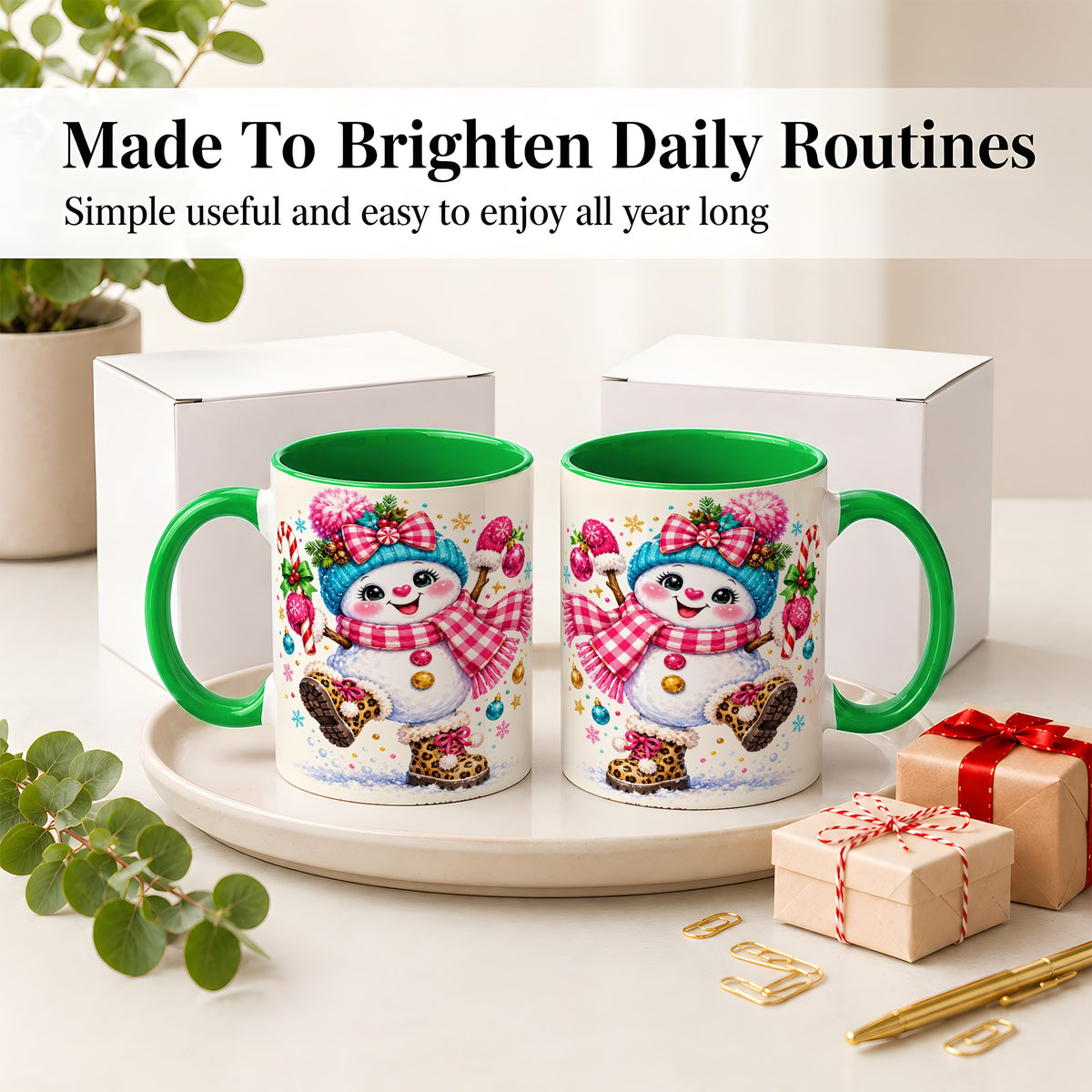 #pl[11oz|Green] Playful Snowman Ceramic Mug, Pink Plaid Christmas Character Art