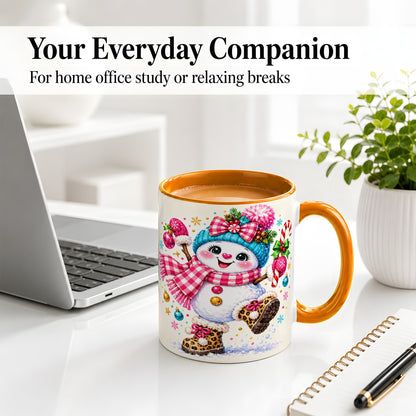 #pl[11oz|Orange] Playful Snowman Ceramic Mug, Pink Plaid Christmas Character Art