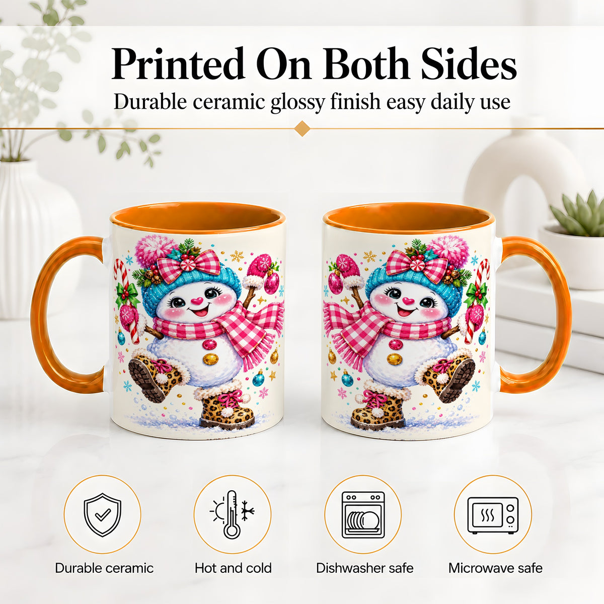 #pl[11oz|Orange] Playful Snowman Ceramic Mug, Pink Plaid Christmas Character Art