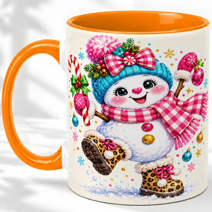 #pl[11oz|Orange] Playful Snowman Ceramic Mug, Pink Plaid Christmas Character Art