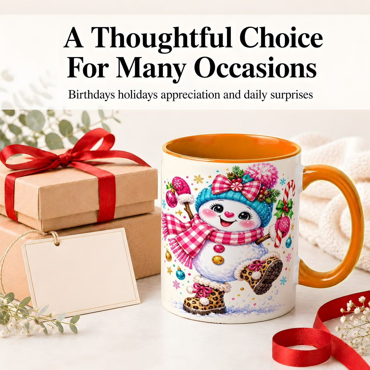 #pl[11oz|Orange] Playful Snowman Ceramic Mug, Pink Plaid Christmas Character Art