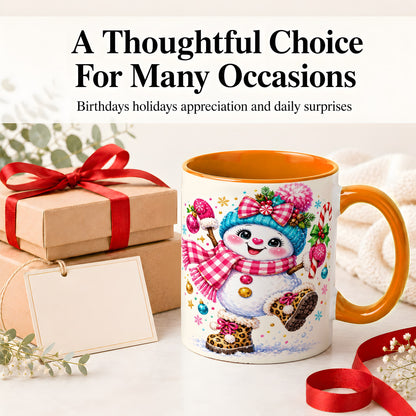 #pl[11oz|Orange] Playful Snowman Ceramic Mug, Pink Plaid Christmas Character Art