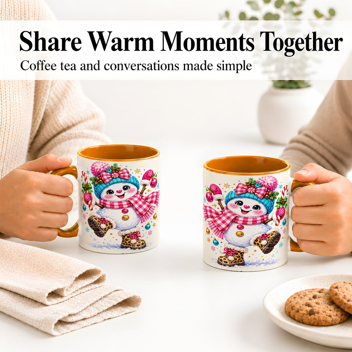 #pl[11oz|Orange] Playful Snowman Ceramic Mug, Pink Plaid Christmas Character Art