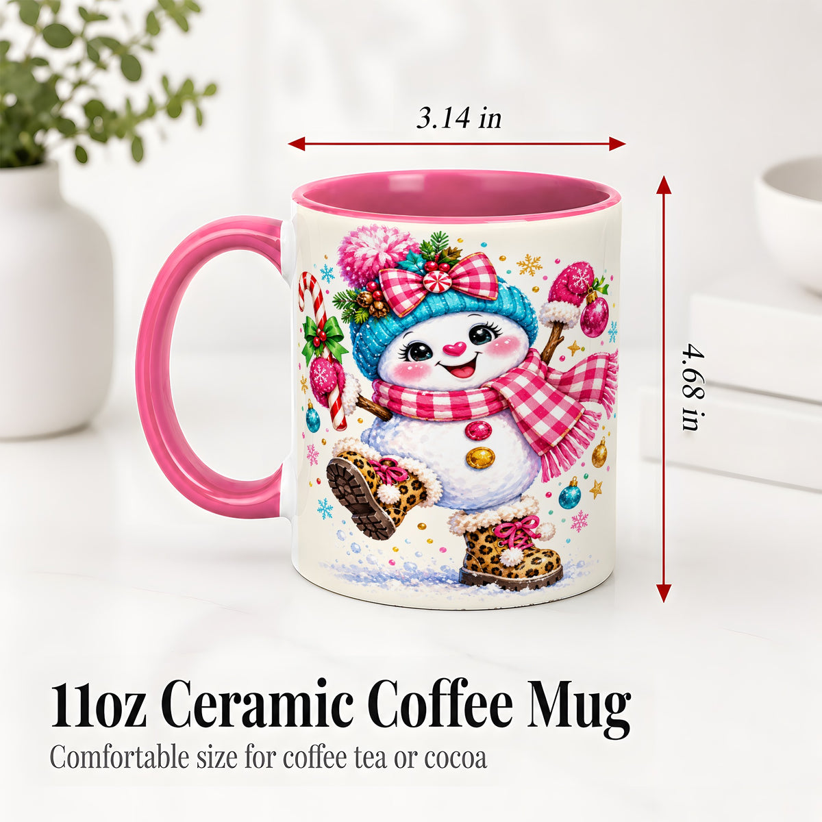#pl[11oz|Pink] Playful Snowman Ceramic Mug, Pink Plaid Christmas Character Art