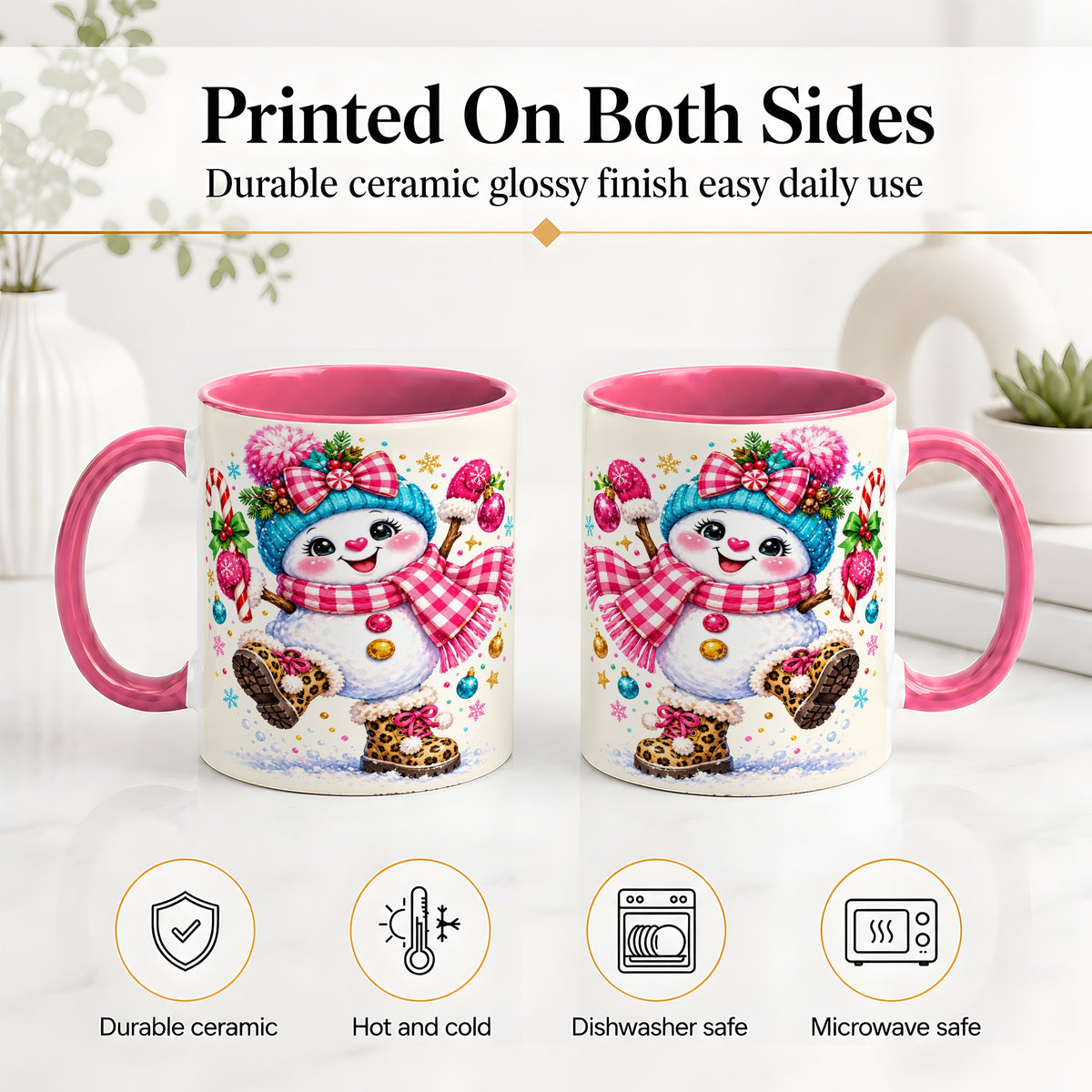 #pl[11oz|Pink] Playful Snowman Ceramic Mug, Pink Plaid Christmas Character Art
