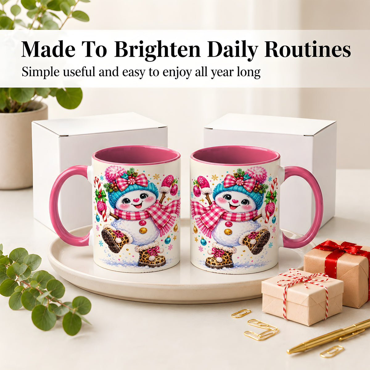 #pl[11oz|Pink] Playful Snowman Ceramic Mug, Pink Plaid Christmas Character Art