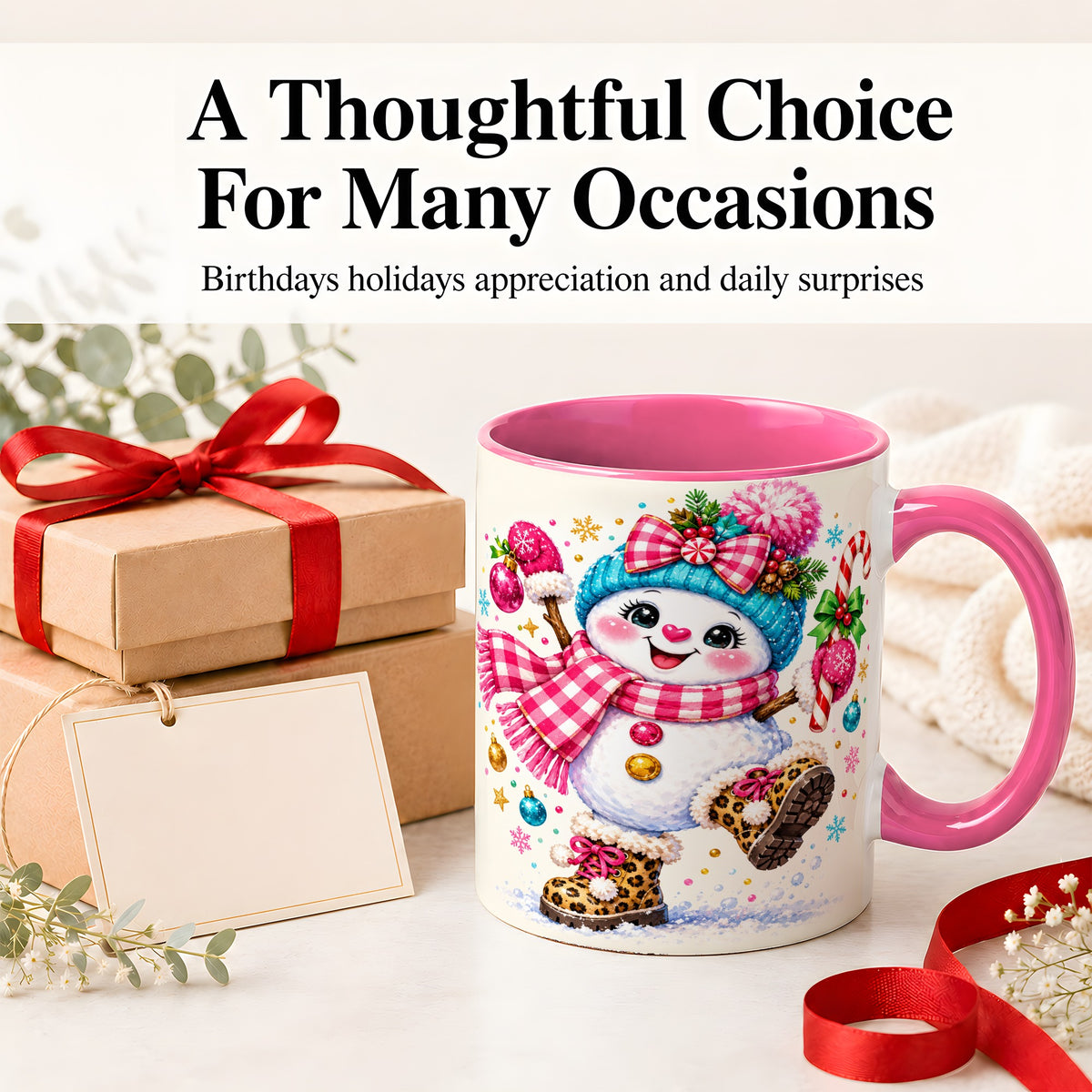 #pl[11oz|Pink] Playful Snowman Ceramic Mug, Pink Plaid Christmas Character Art