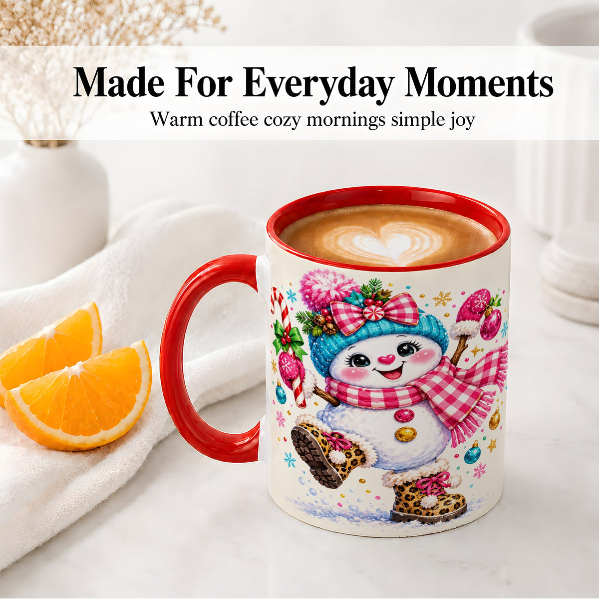 #pl[11oz|Red] Playful Snowman Ceramic Mug, Pink Plaid Christmas Character Art
