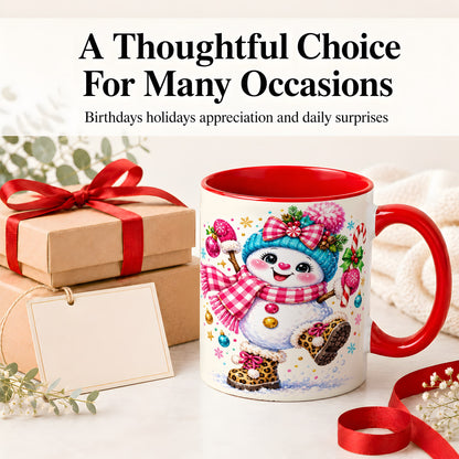 #pl[11oz|Red] Playful Snowman Ceramic Mug, Pink Plaid Christmas Character Art