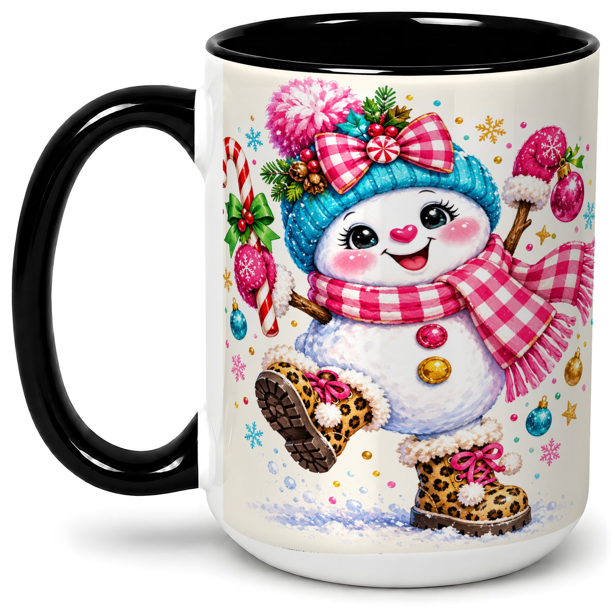 #pl[15oz|Black] Playful Snowman Ceramic Mug, Pink Plaid Christmas Character Art