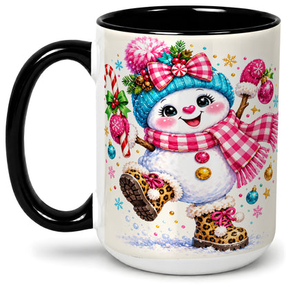 #pl[15oz|Black] Playful Snowman Ceramic Mug, Pink Plaid Christmas Character Art
