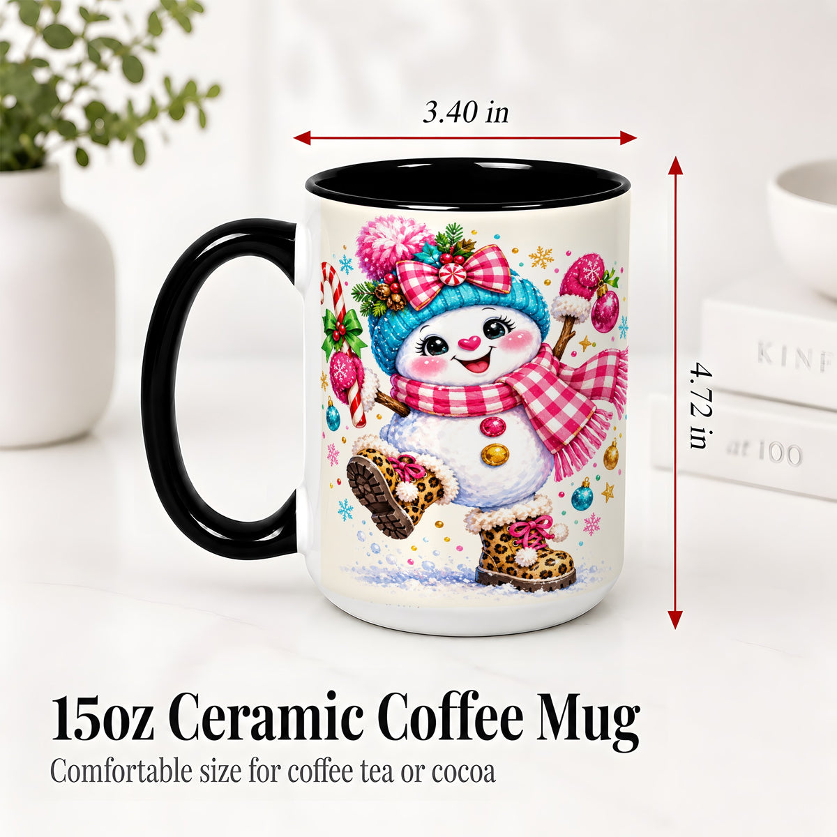 #pl[15oz|Black] Playful Snowman Ceramic Mug, Pink Plaid Christmas Character Art