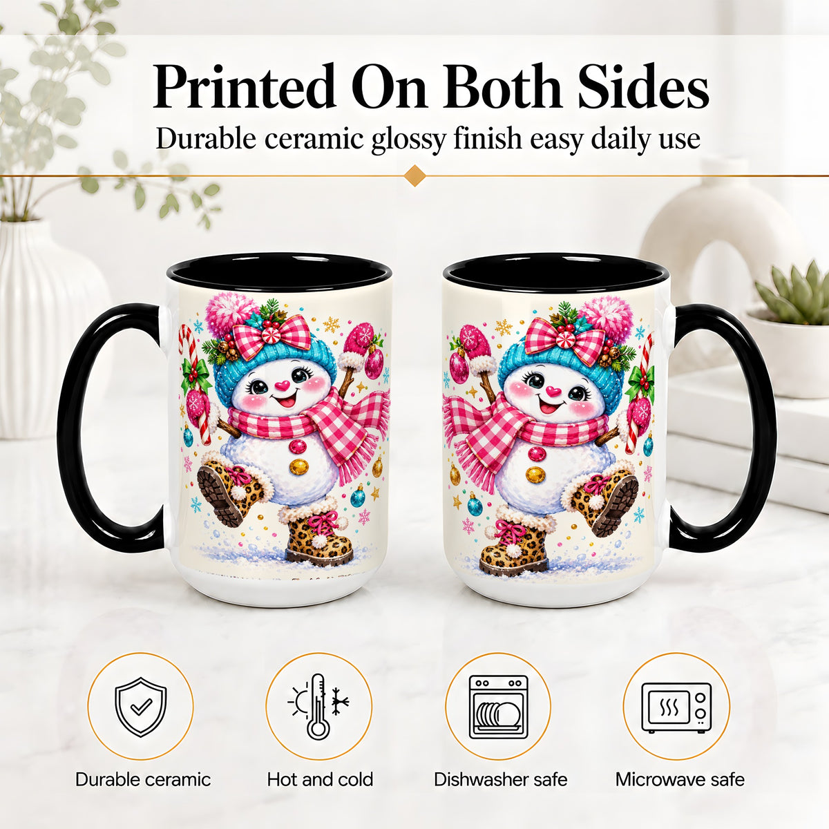 #pl[15oz|Black] Playful Snowman Ceramic Mug, Pink Plaid Christmas Character Art