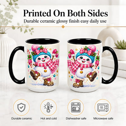 #pl[15oz|Black] Playful Snowman Ceramic Mug, Pink Plaid Christmas Character Art