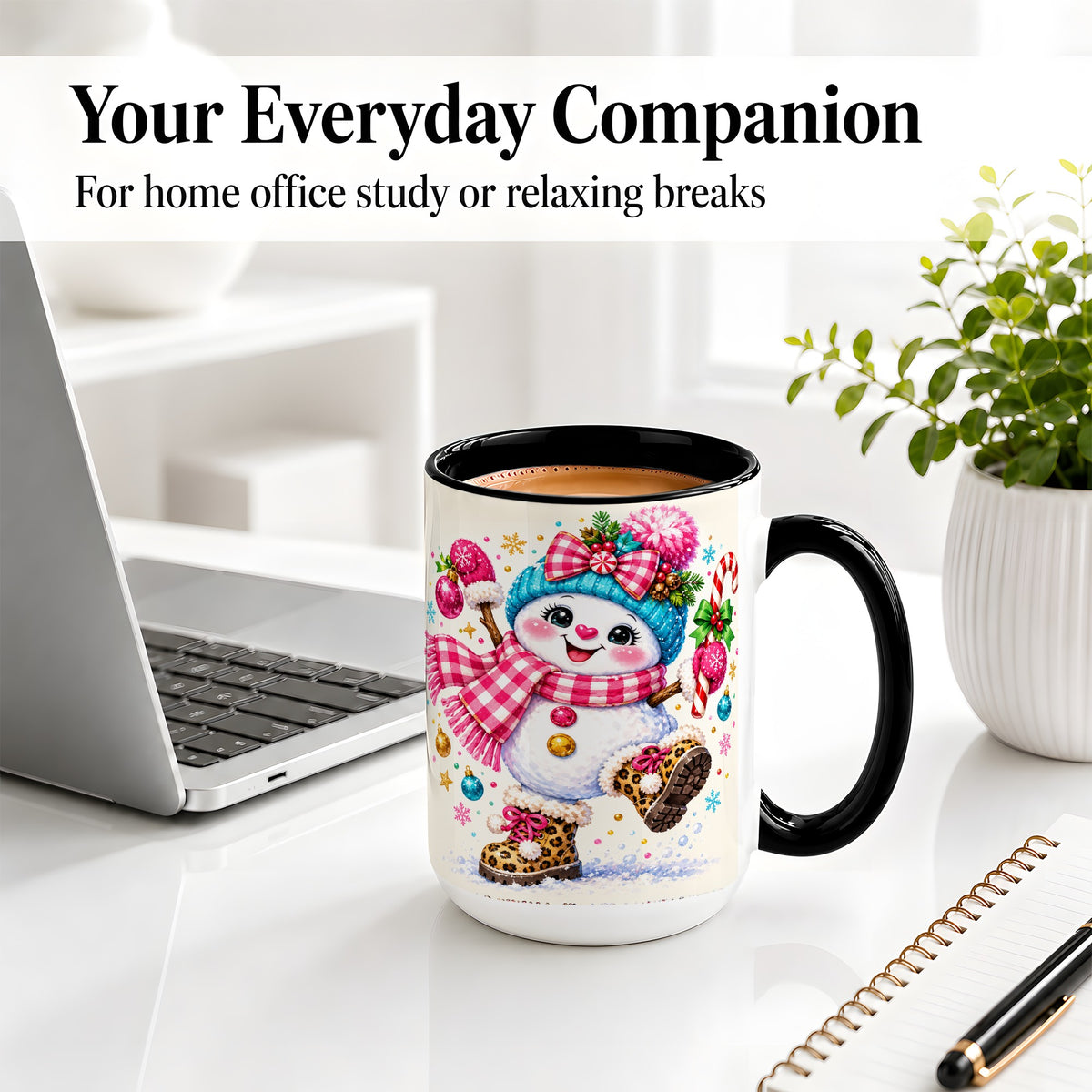 #pl[15oz|Black] Playful Snowman Ceramic Mug, Pink Plaid Christmas Character Art