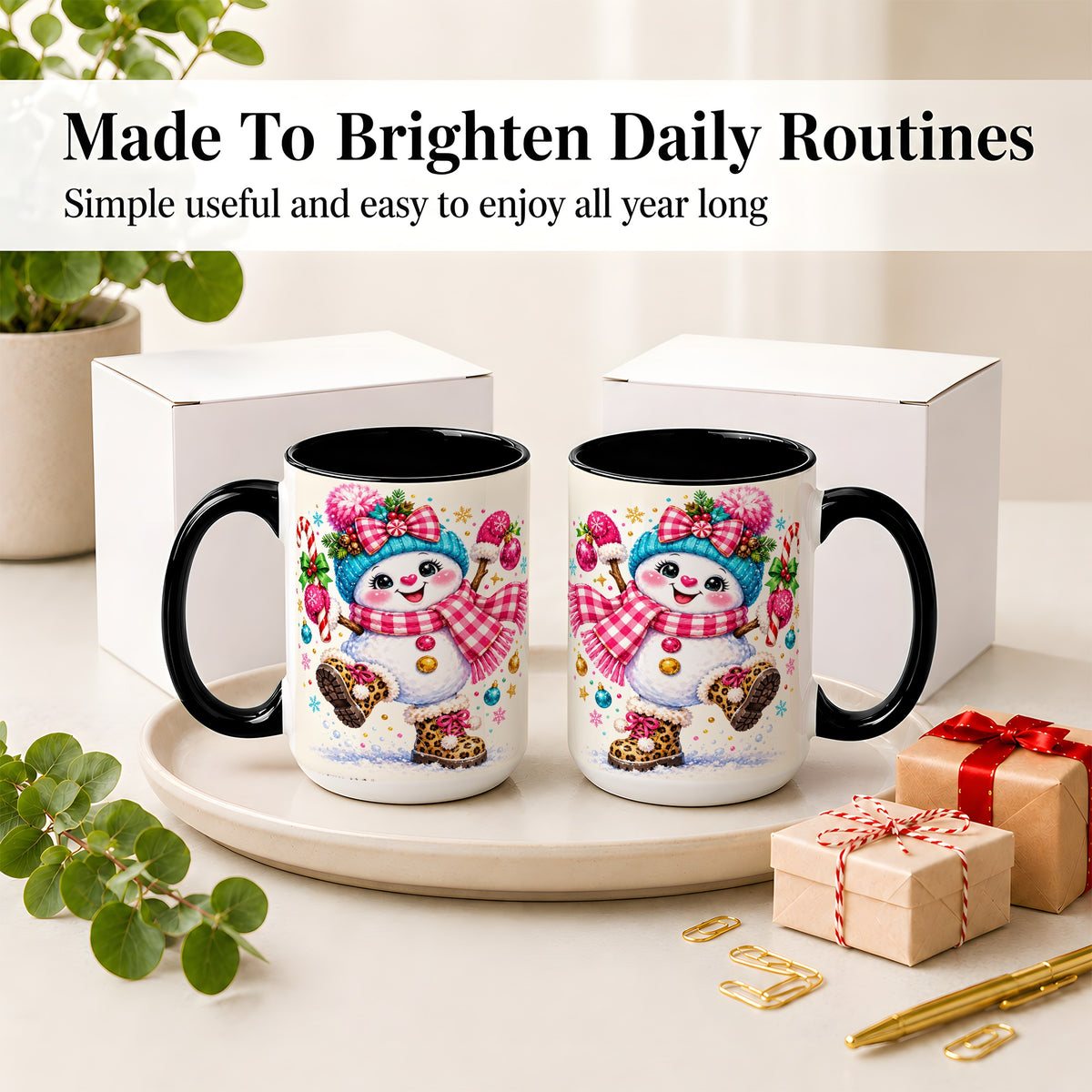 #pl[15oz|Black] Playful Snowman Ceramic Mug, Pink Plaid Christmas Character Art