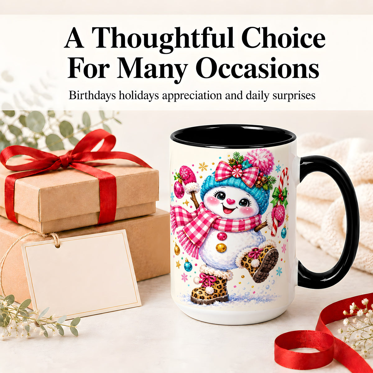 #pl[15oz|Black] Playful Snowman Ceramic Mug, Pink Plaid Christmas Character Art