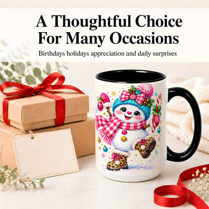 #pl[15oz|Black] Playful Snowman Ceramic Mug, Pink Plaid Christmas Character Art