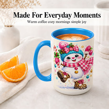 #pl[15oz|Blue] Playful Snowman Ceramic Mug, Pink Plaid Christmas Character Art