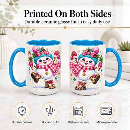#pl[15oz|Blue] Playful Snowman Ceramic Mug, Pink Plaid Christmas Character Art