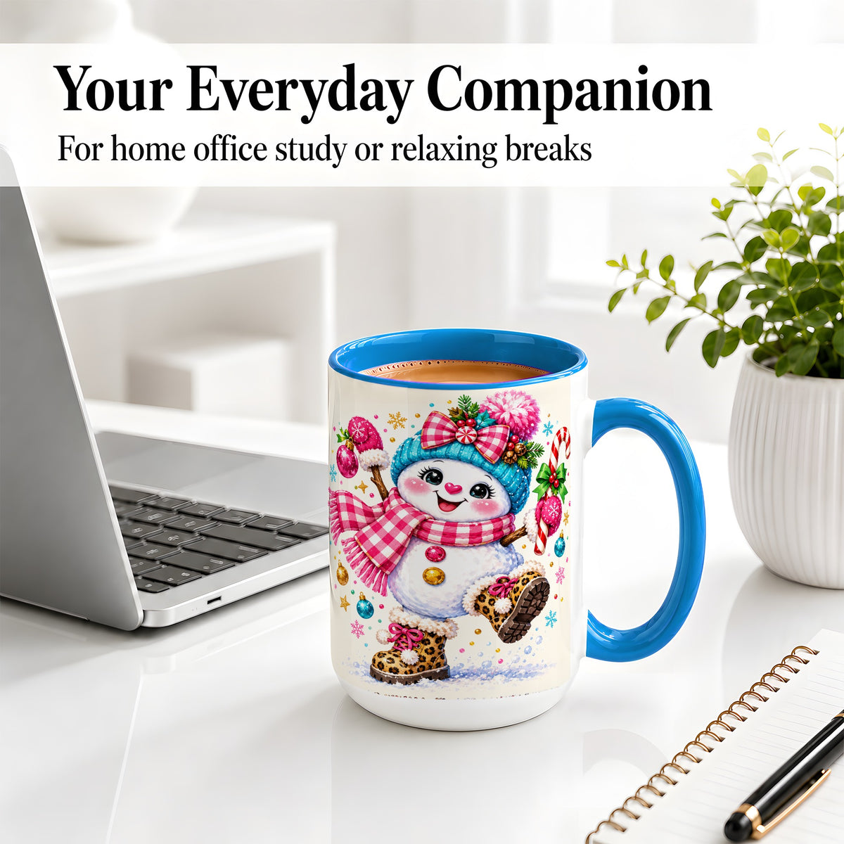 #pl[15oz|Blue] Playful Snowman Ceramic Mug, Pink Plaid Christmas Character Art