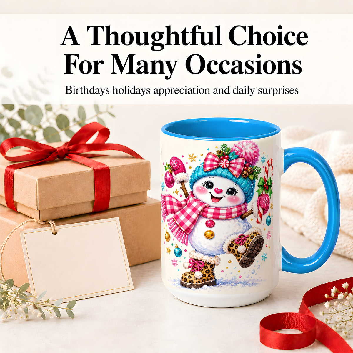 #pl[15oz|Blue] Playful Snowman Ceramic Mug, Pink Plaid Christmas Character Art