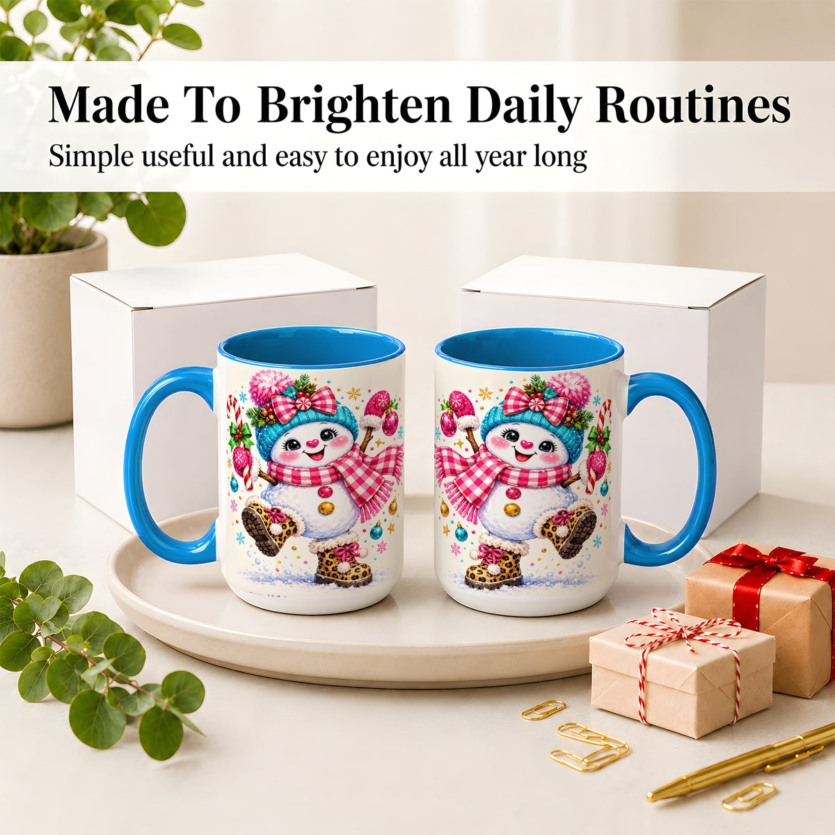 #pl[15oz|Blue] Playful Snowman Ceramic Mug, Pink Plaid Christmas Character Art