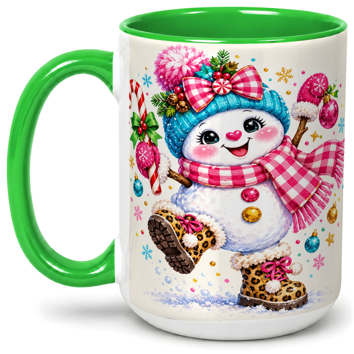 #pl[15oz|Green] Playful Snowman Ceramic Mug, Pink Plaid Christmas Character Art