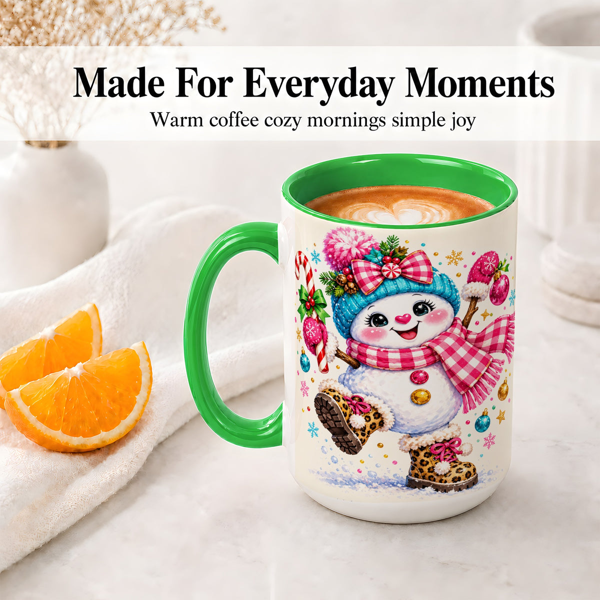 #pl[15oz|Green] Playful Snowman Ceramic Mug, Pink Plaid Christmas Character Art
