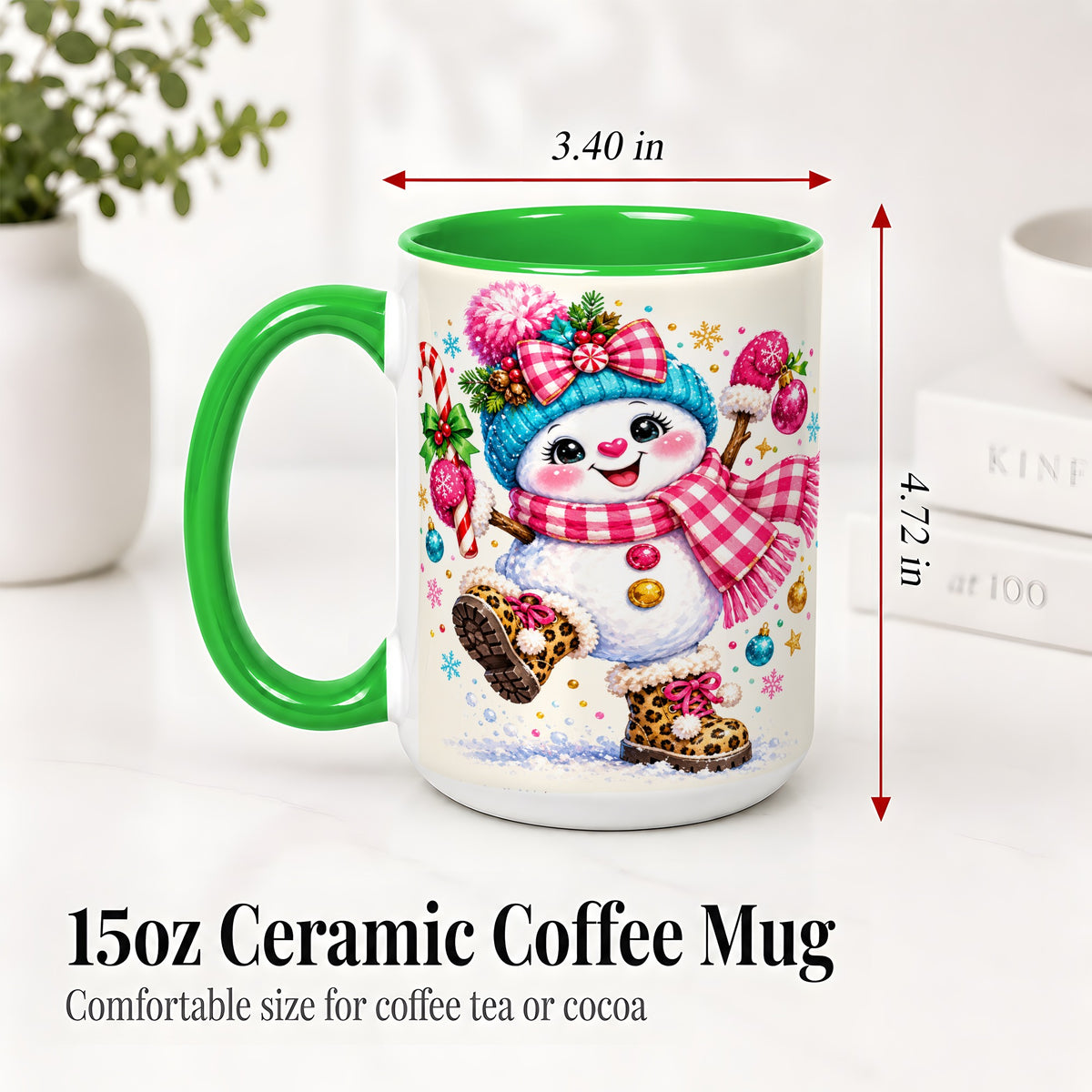 #pl[15oz|Green] Playful Snowman Ceramic Mug, Pink Plaid Christmas Character Art