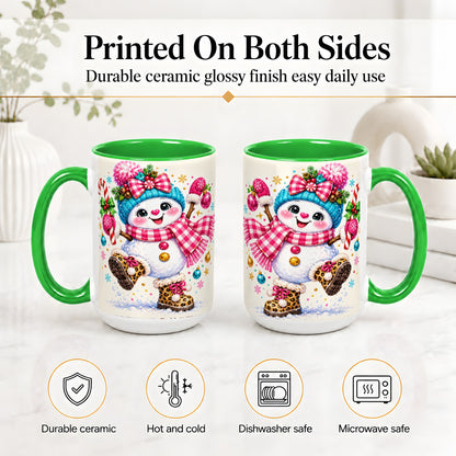 #pl[15oz|Green] Playful Snowman Ceramic Mug, Pink Plaid Christmas Character Art