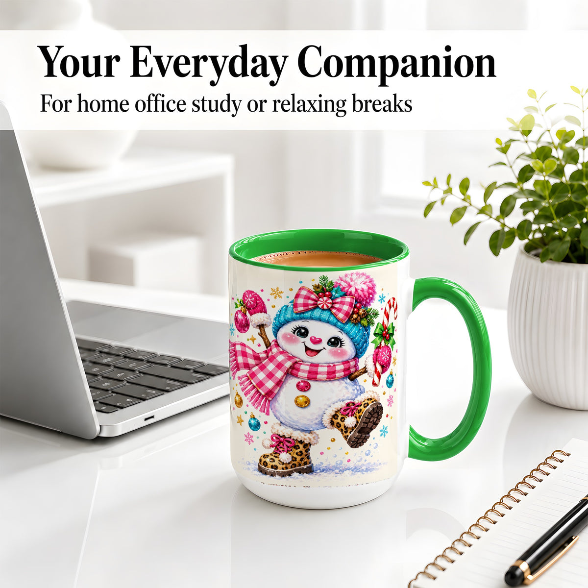 #pl[15oz|Green] Playful Snowman Ceramic Mug, Pink Plaid Christmas Character Art