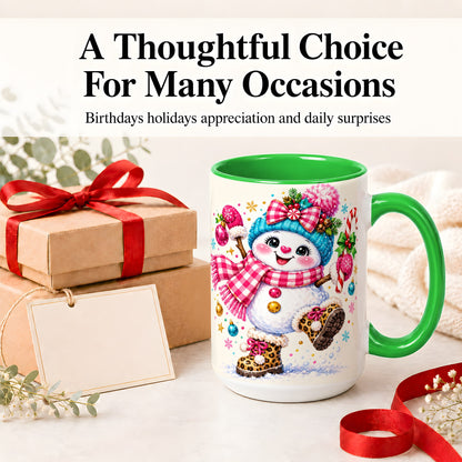 #pl[15oz|Green] Playful Snowman Ceramic Mug, Pink Plaid Christmas Character Art