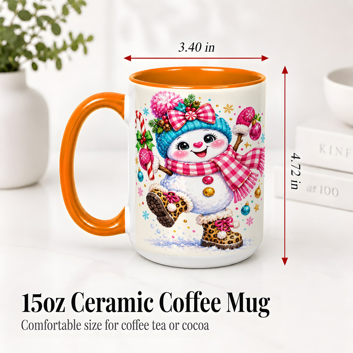 #pl[15oz|Orange] Playful Snowman Ceramic Mug, Pink Plaid Christmas Character Art