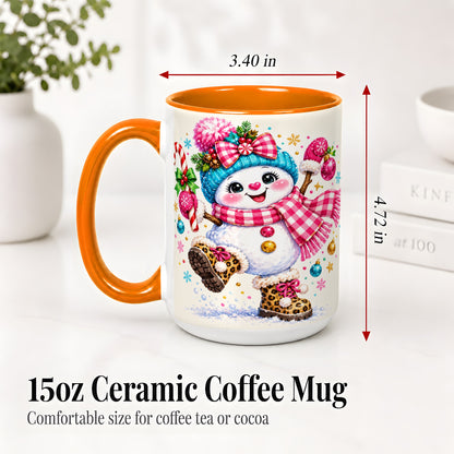 #pl[15oz|Orange] Playful Snowman Ceramic Mug, Pink Plaid Christmas Character Art