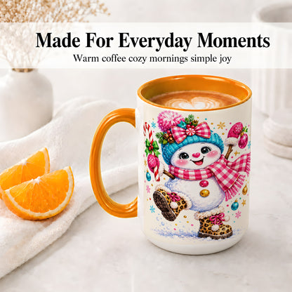 #pl[15oz|Orange] Playful Snowman Ceramic Mug, Pink Plaid Christmas Character Art