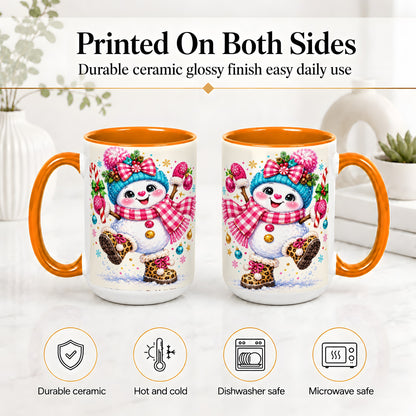 #pl[15oz|Orange] Playful Snowman Ceramic Mug, Pink Plaid Christmas Character Art