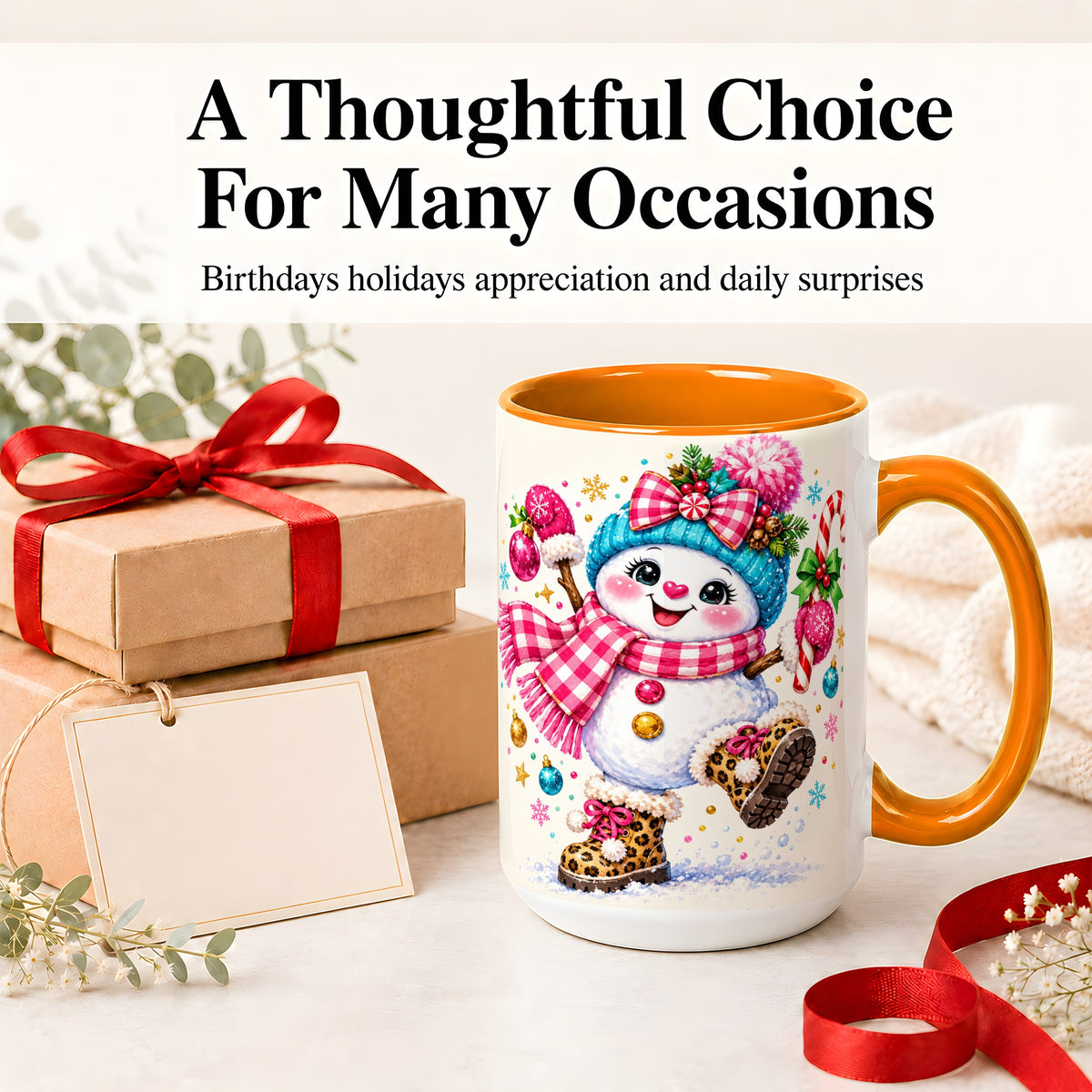 #pl[15oz|Orange] Playful Snowman Ceramic Mug, Pink Plaid Christmas Character Art