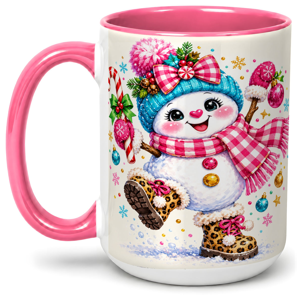 #pl[15oz|Pink] Playful Snowman Ceramic Mug, Pink Plaid Christmas Character Art