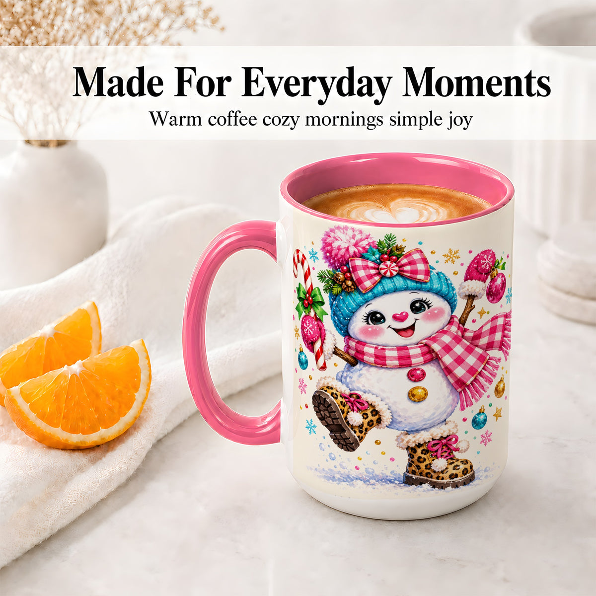 #pl[15oz|Pink] Playful Snowman Ceramic Mug, Pink Plaid Christmas Character Art