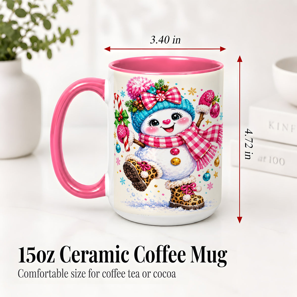 #pl[15oz|Pink] Playful Snowman Ceramic Mug, Pink Plaid Christmas Character Art