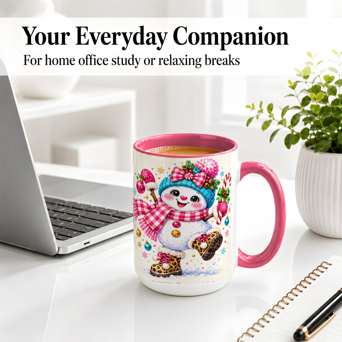 #pl[15oz|Pink] Playful Snowman Ceramic Mug, Pink Plaid Christmas Character Art